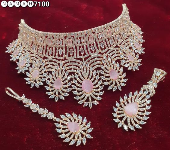 Rose Diamond Pink Necklace set with Work